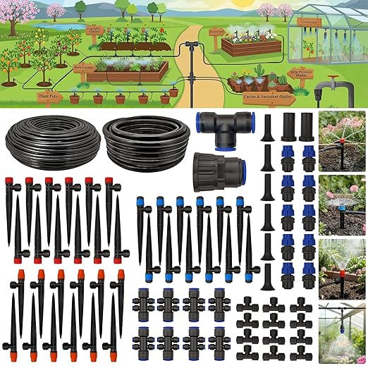 Drip Irrigation System 230FT Quick-Connect Drip Irrigation Kit with 1/4 inch 1/2 inch Irrigation Tubing Hose and Accessories for Lawn Raised Bed Greenhouse Plant Watering System