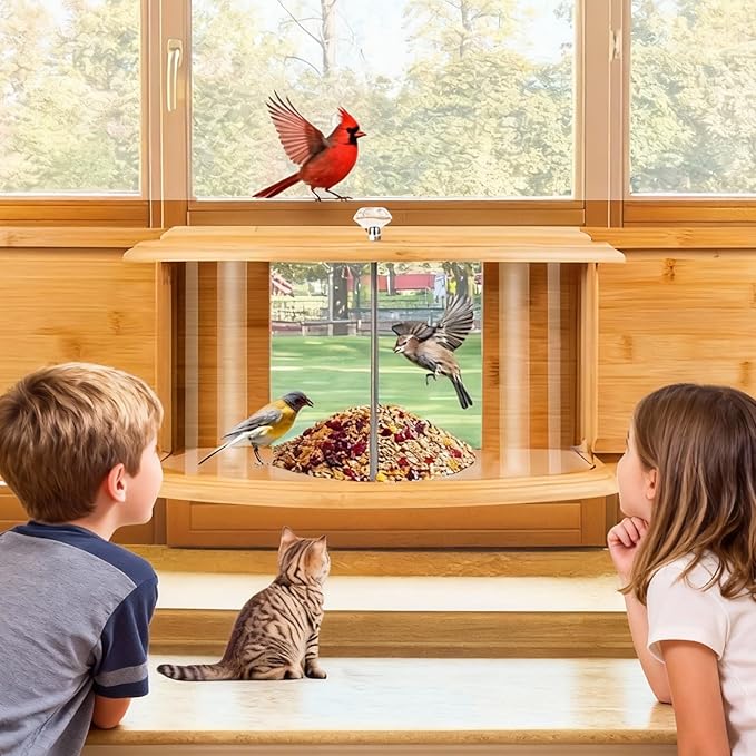 Window Bird Feeder Birdwatching Indoors,180° Ultimate Clear View Wild Bird Feeder Brings Nature's Beauty to Your Home/Office Hanging Bird Feeder House Bamboo Nature
