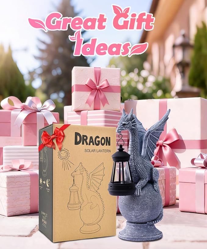 Solar Garden Dragon Statue: Outdoor Figurine with Lantern Lights | Weatherproof Resin Decorations, Home Yard Lawn Porch Balcony Patio Decor,Birthday Gifts for Mom Women Grandma