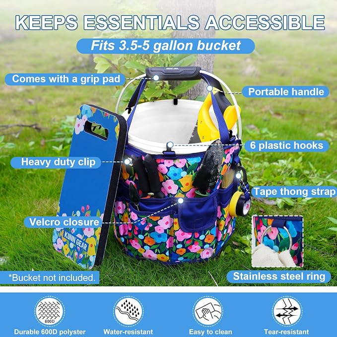 KUNN 5 Gallon Garden Bucket Tool Organizer & Kneeling Pad Set, 18-Pocket Heavy Duty Garden Caddy with Hangable Handle, Polyester Tool Bag with Grip Handle & Gardening Kneeling Pad for Women, Blue
