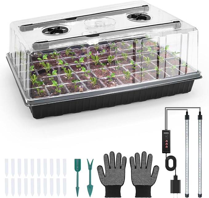 Mulctun 60-Cell Seed Starter Tray with Grow Light, Seedling Starter Trays with 4.08" Humidity Dome, Self-Watering Plant Germination Trays,Seed Starter Kit for Seeds Growing (Black)