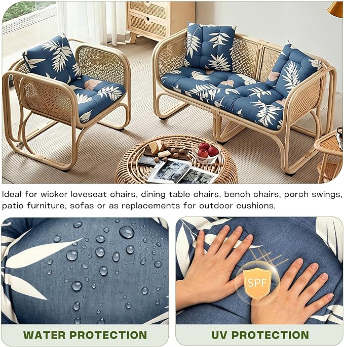 Wicker Chair Cushions Set, 2 U-Shaped Cushions & 1 Loveseat, Waterproof Outdoor Loveseat Cushion for Patio Furniture, Settee Bench Pad All Weather,GrayLeaf