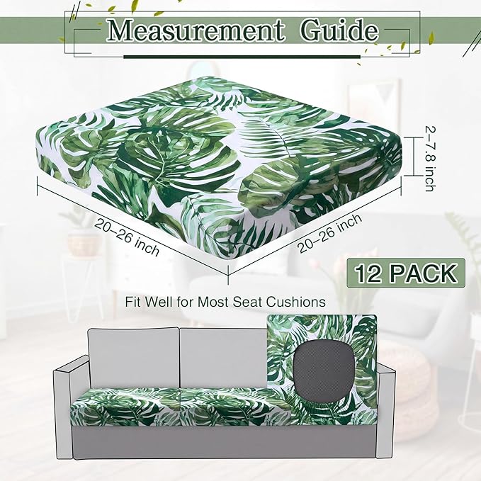 Newwiee 12 Pcs Patio Stretch Outdoor Cushion Covers Sofa Couch Cover Replacement Couch Slipcover Sofa Seat Chair Porch Patio Furniture Protector, Flexibility Washable (Green,Tropical Monstera)