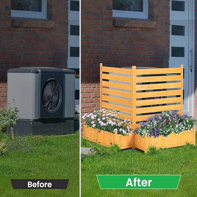 FORTUNO Outdoor Air Conditioner Fence Wood Privacy Screen with Planter Box for Trash Can Pool Equipment Garbage Can Enclosure No-Dig Kit, 2 Panels