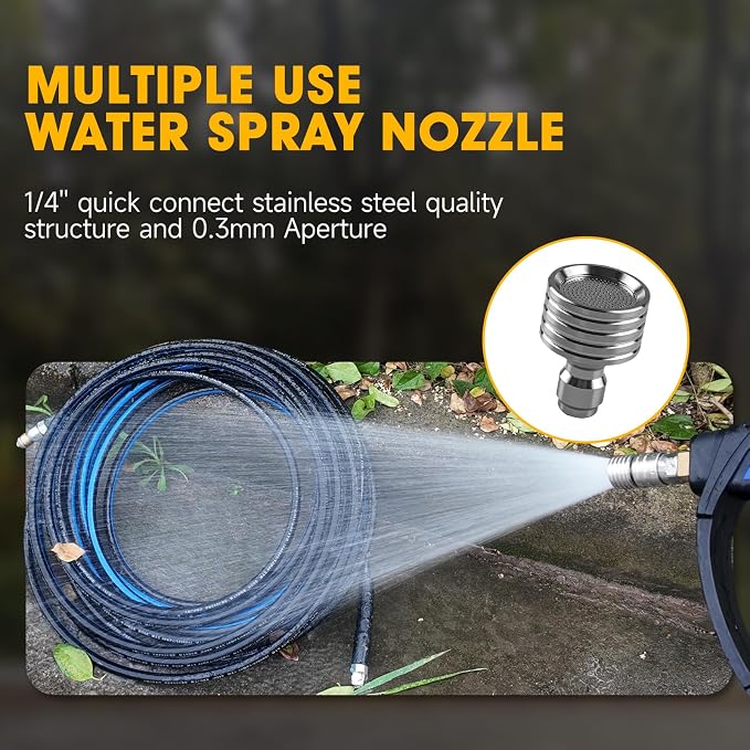 Sewer Jetter Kit for Pressure Washer 50ft – 5800PSI Drain Jetter Hose 1/4 Inch NPT Corner with Watering Spray Nozzle, Rotating and Button Hose Sewer Jetting Nozzles & Easy-to-Store Strap