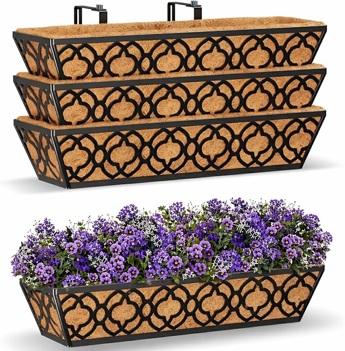 24 Inch Railing Planter Box with Coco Liner, Adjustable Metal Hanging Planter, Window Box for Balcony Deck Fence, Outdoor Flower Box Black, 4 Pack