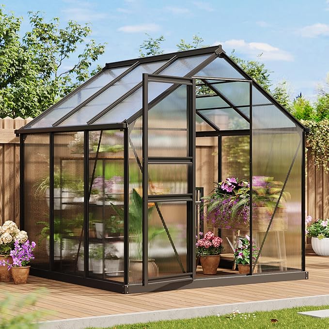 Garvee 6x6 FT Outdoor Greenhouse - Walk-in Aluminum Frame with Lockable Hinged Door, Adjustable Roof Vent, Rain Gutter - Ideal for Backyard, Patio, Lawn, Garden - Hinged Door