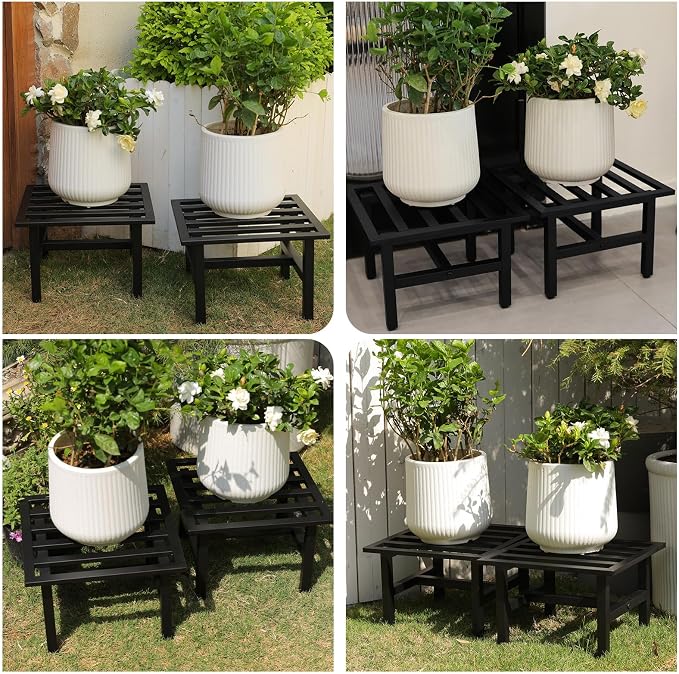 Heavy Duty Metal Plant Stand Outdoor, 330 lbs Wrought Iron Square Plant Stand Indoor, Rustproof Low Pedestal for Large Flower Pots, Patio, Balcony, Garden Decor 2 Pack Black
