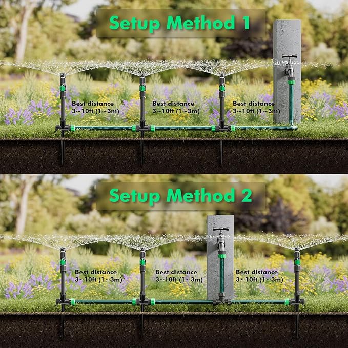 RESTMO Above Ground Sprinkler System,Irrigation Sprinklers for Yard,Green | DIY Flexible Metal Spike Sprinkler, Tool-Free, Adjustable Angle/Flow, 3 Sprinklers & 30ft Hose, Ideal for Plants & Gardens