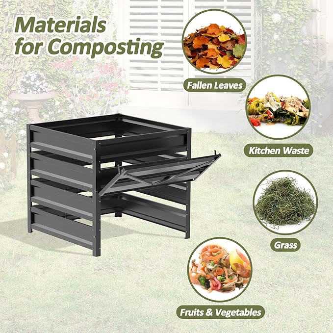 Compost Bin Outdoor - 285 Gallon Composter with Rust-Proof Coating, Painted Finish, Large Compost Bin for Producing Fertilizer from Kitchen Waste and Fallen Leaves（Metal）