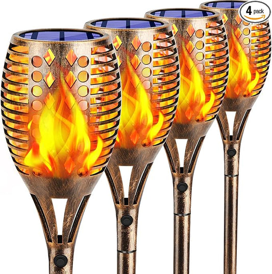 TomCare Solar Lights Upgraded, 43" Higher & Larger Waterproof Flickering Flames 96 LED Torches Outdoor Solar Landscape Decoration Lighting Auto On/Off Pathway Lights for Garden Patio,Bronze (4)