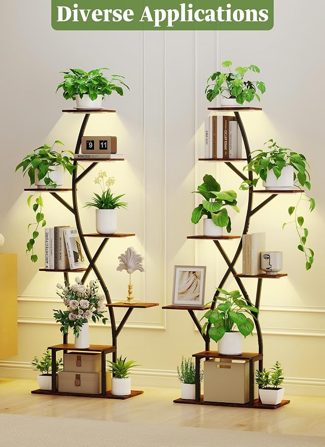 Plant Stand Indoor with Grow Lights 65" Tall Plant Shelf Corner Lighted Plant Stands for Indoor Growing Multiple Metal 8 Tiered Large S-Shape Display Shelves Plant Rack for Home Decor Patio Balcony