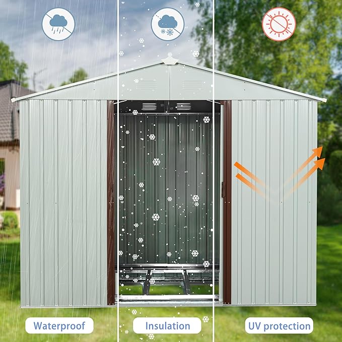 KEIKI 8x4 FT Outdoor Metal Storage Shed with Peaked Roof,Vents,Window and Metal Foundation for Garden Yard