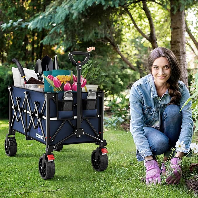 ROSONG Collapsible Wagon Cart with Wheels Foldable - Folding Utility Heavy Duty Wagons Carts for Grocery Sports Garden Shopping Camping Wheelbarrows (Navy Blue, 150L)
