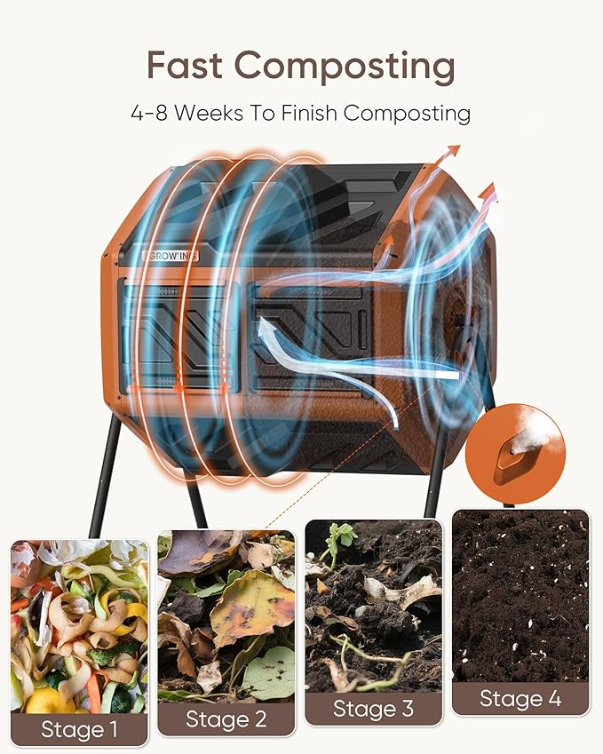 THEGROW'ING 43 Gallon Dual Chamber Compost Bin with Built-in Nuts & Thermometer, Outdoor Rotating Composter Tumbler for Garden Backyard, Orange