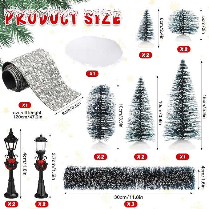 Hotop 18pc Christmas Village Accessories 47.2 Inch Village Roads Mini Snowy Trees Streets Light Lamppost Hedge Figurines Set for Display Winter Holiday Decorations DIY Crafts No Batteries(Cool)