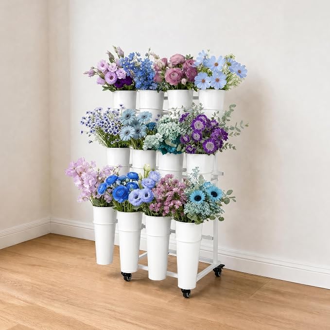 Flower Display Stand With 12 Buckets,3-Tier Flower Cart with Wheels,Flower Bar Display Stand for Florist Garden Wedding Home Decor