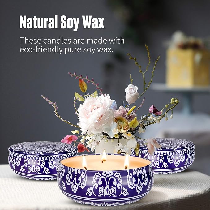 Hausware Citronella Candles Outdoor & Indoor - Large 13.5 oz Scented Candles Set 3 Pack Natural Soy Wax citronella Candles for Garden Patio Yard Home Balcony Camping Backyard (Dark Blue)