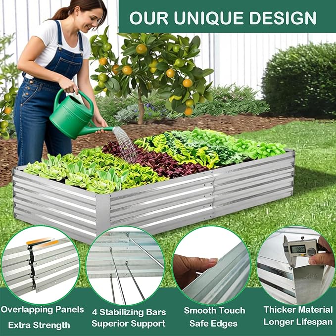 Galvanized Raised Garden Beds 2-Pack (8x4x1ft Each) – Overlapping 4-Inch Panels + 4 Support Bars, Heavy-Duty Metal Planter Box for Vegetables, Herbs, Flowers, No-Deformation Steel Garden Kit