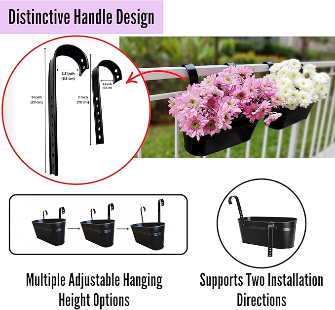 LaLaGreen Rail Planter (17 Inch, 3 Pack) Black Fence Garden Decorations Style Railing Flower Boxes Patio Decor Apartment Balcony Outdoor Hanging Metal Plants Planters Pots Holder Hooks