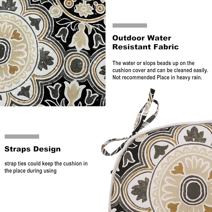 DYTXIII Set of 2 Outdoor Chair Cushions with Ties, Water Repellent Patio Chair Pads 17"x 16" for Outdoor Furniture, Round Corner Seat Cushions for Garden Yard Kitchen Vintage Medallion