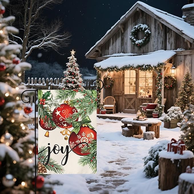 Christmas Garden Flag 12x18 Inch Green Leaves Red Xmas Ball Joy Holiday Winter Decorative Yard Flags for Outside Double Sided Seasonal Outdoor Home Farmhouse Decoration Porch New Year Decor