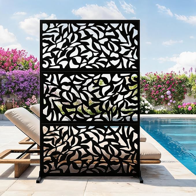 Garvee 72" H x 47" W Outdoor Metal Privacy Screen, Freestanding Laser Cut Decorative Fence Panel with Stand, Weatherproof Galvanized Steel Privacy Screens, for Patio Garden Balcony Backyard, Black