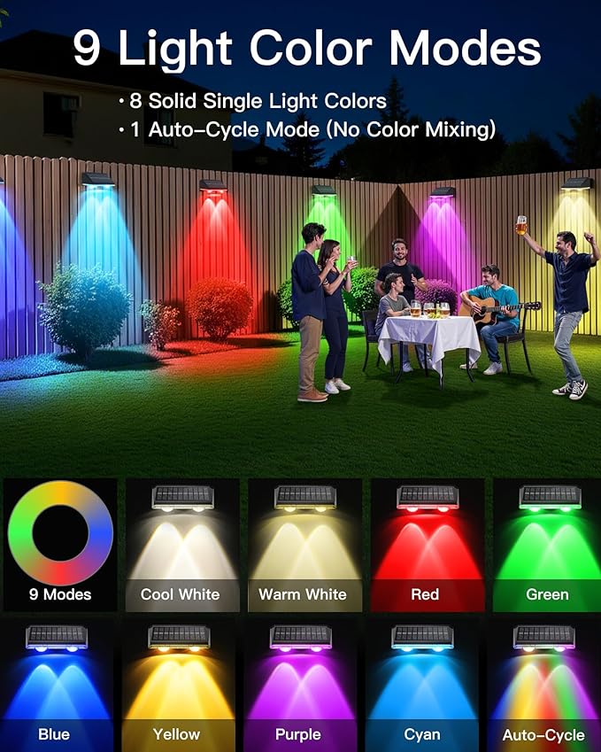 Solar Fence Lights Outdoor, 16 Pack IP65 Waterproof Fence Lights Solar Powered with Ultra-Bright LED Lens, 9 Color Modes, 12+ Hours Steady Glow for Deck/Backyard/Patio/Pool/Wall - Black