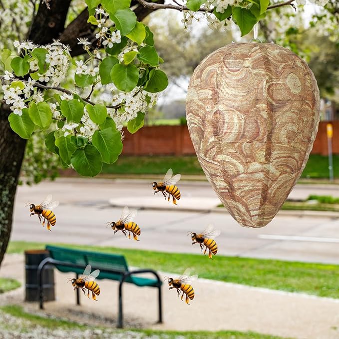 DECYOOL 4 Pack Paper Wasp Nest Decoy Hanging Wasp Nest Stay Away from Wasps Hornets Yellow Jackets(Brown)