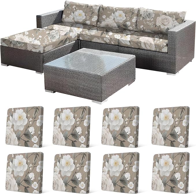 CALBODE 8Pcs Stretch Patio Cushion Cover, Vintage Floral Printed Couch & Sofa Slipcovers for Patio Furniture Cushions Washable Reusable Couch Covers Replacement for All-Season (Cover Only)