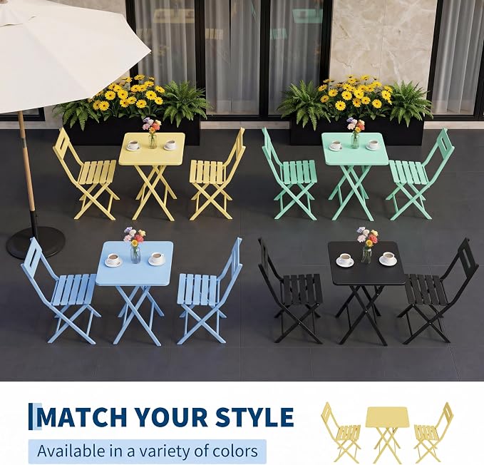 GarveeTech 3-Piece Folding Bistro Set, Heavy Duty Outdoor Patio Furniture with 2 Chairs & 1 Table, Weather-Resistant Steel Frame, No Assembly Required for Garden, Yard, Balcony,Yellow