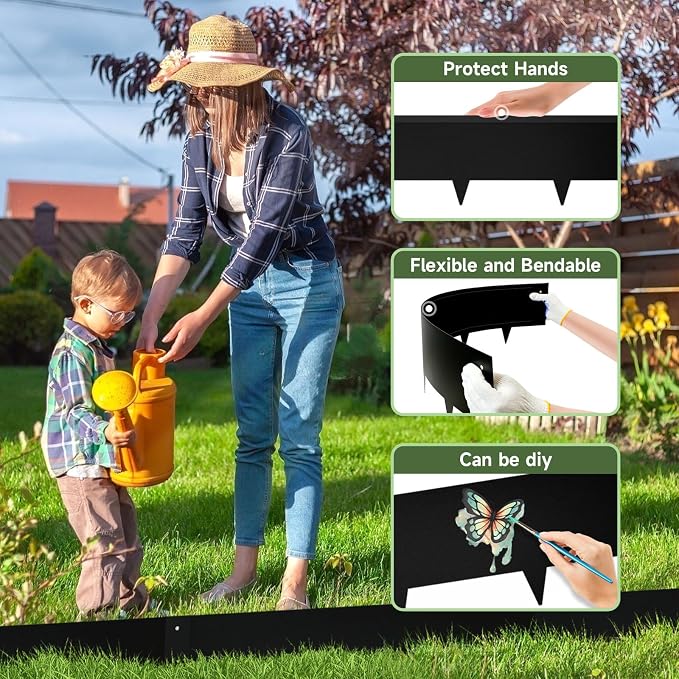 Steel Landscape Edging - 40" LX 6" H Metal Garden Edging - Landscape Lawn Edging - 20FT Total 6 Pcs - No-Dig Hammer Heavy Duty Metal Edging Bendable Border Strips for Lawn Yard Black GJWCVL - 6 Clips