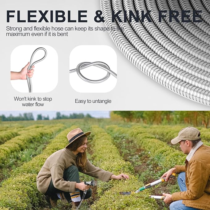 SPECILITE Stainless Steel Garden Water Hose 100 FT, Flexible and Lightweight Pipe, Non-Expandable Heavy Duty Metal Waterhose with Brass Fittings for Reel, Yard, Outdoor, Boat