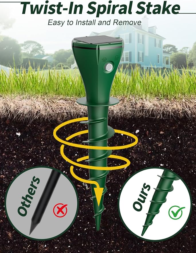 Solar Powered Animal Repellent for Yards - Waterproof Sonic Vibration Device Removes Moles, Gophers, Groundhogs, Voles, Snakes - Simple Twist Stakes for Lawn & Garden