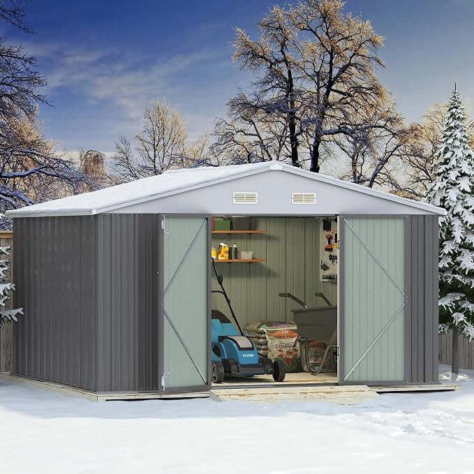 Greesum 10×8FT Outdoor Storage Shed, Metal Patio Storaged Sheds with Lockable Doors, Sheds & Outdoor Storage for Patio, Backyard, Pool and Garden, Gray
