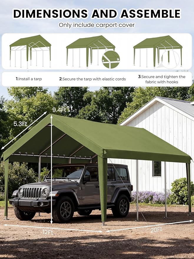 12 x 20 Ft Carport Replacement Cover, Heavy Duty Outdoor Car Tarp Canopy, Waterproof & UV Protected Tear Oxford Tarp with Ball Bungees (Frame is Not Included)