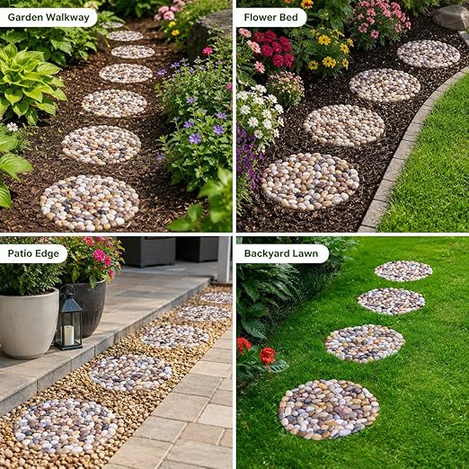 Stepping Stones Outdoor, Natural River Rock Garden Pavers, Set of 6 Round Pebble Stones for Walkway, Yard, Lawn, Patio, Pathway & Landscaping Decor (Roundness)