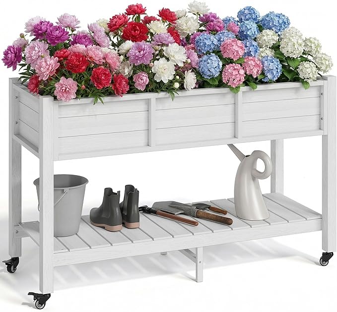YITAHOME Raised Garden Bed HDPE, 47x18x31In Raised Flower Bed Poly-Wood Weather-Resistant Elevated Planter Box with Lockable Wheels & Storage Shelf for Vegetable Flower, White