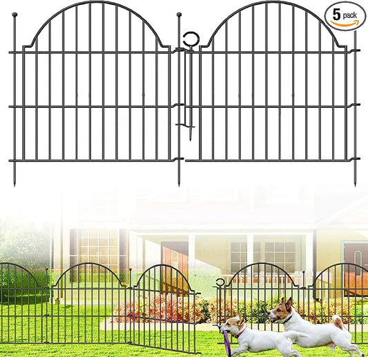 Blingluck Decorative Metal Garden Fence with Gate Lock 5 Panels, 24in (H) x 10ft (L) No Dig Dog Fence Outdoor for Yard, Temporary Rustproof Metal Wire Rabbit Dog Garden Border Fencing for Patio