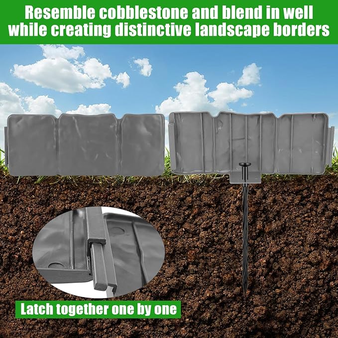 Garden Edging Border NO DIG, with Landscape Edging Anchoring Spikes, Gray Stone Effect Plastic Lawn Edging Fencing, Interlocking Yard Lawn Edging for Flower Bed | 24 Ft | 30Pcs | Gray |