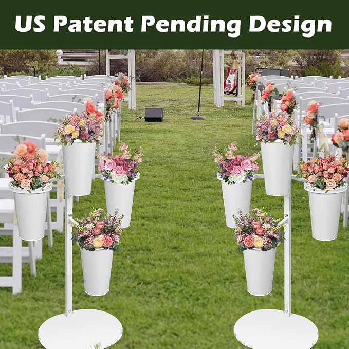 PROLEE Flower Display Stand with 4 Round Buckets, Flower Display Stand, Flower Stand Metal, Florist Bouquet Shelf for Wedding, Party, Events, Oval Base, White