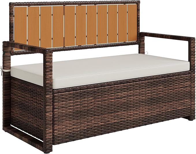 Outdoor Storage Bench with Cushion, 2-Person All-Weather PE Rattan Patio Bench with Backrest & Armrests, Waterproof Wicker Deck Box Seat for Garden, Porch, Poolside & Backyard, Metal Frame，Brown