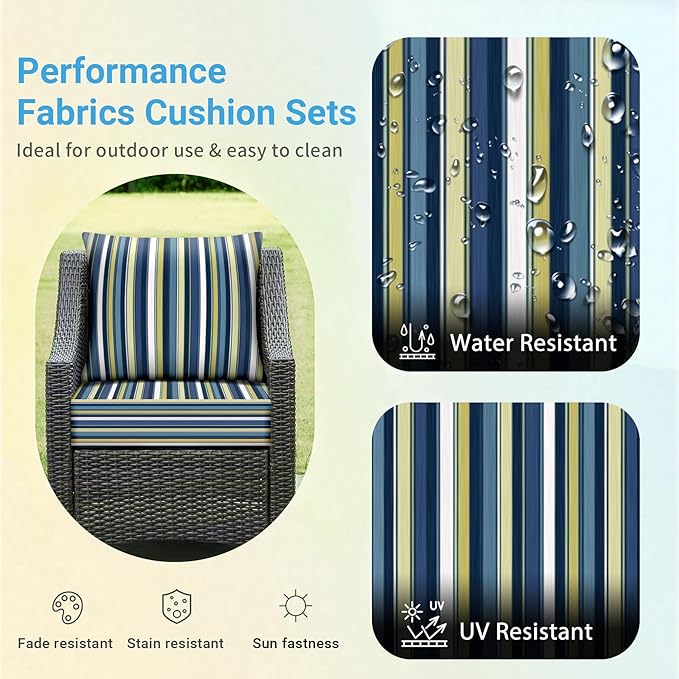 IPYNBAP Outdoor Cushions for Patio Furniture,Outdoor Seat Cushion Set 24 x 24 x 4 Inch,Waterproof & Fade Resistant Outdoor Chair Cushions,Deep Patio Chair Cushion with Removable Cover,Blue Stripe