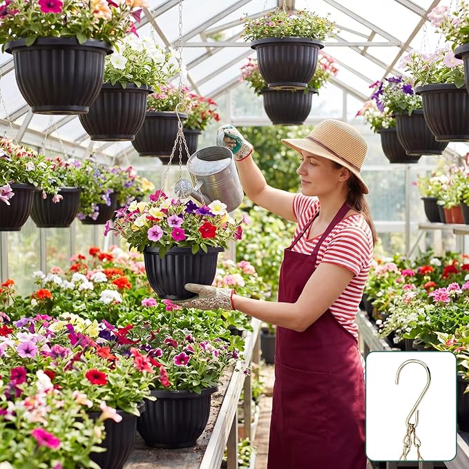 12 Sets Hanging Planters for Indoor and Outdoor Plants Self Watering Hanging Basket Flower Pots Plastic Plant Pots with Drainage Hole and Absorbing Tray(Black,10 Inch)