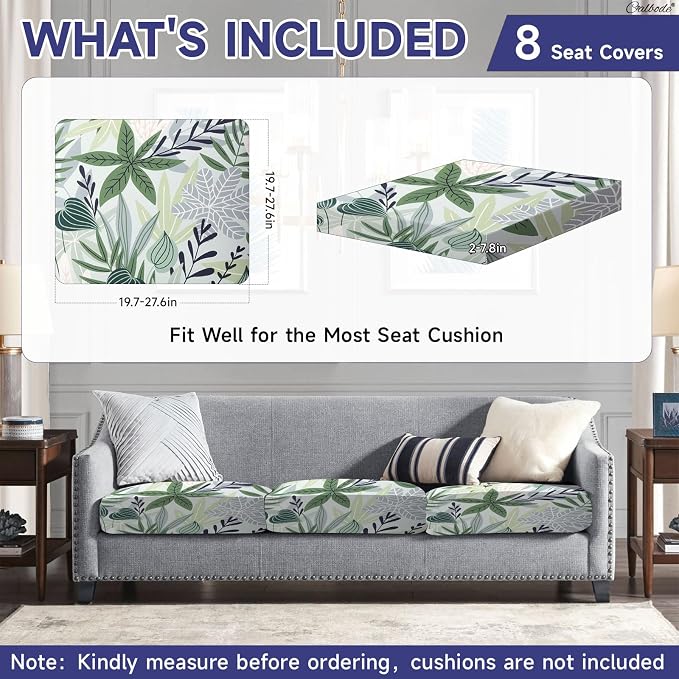 CALBODE 8 Pcs Stretch Outdoor Seat Cushion Covers, Washable Chair Seat Cover for Patio Furniture Cushions Soft Indoor and Outdoor Couch Cover Replacement (Green Leaves, Cover Only)
