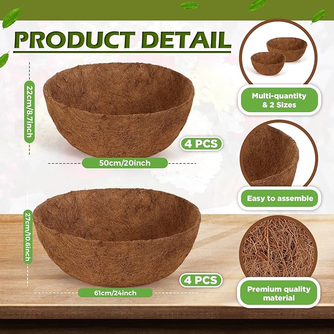 Gerrii 8 Pcs 24 Inch,20 Inch Coconut Liners for Hanging Baskets Coco Liners for Planters Natural Round Coconut Coco Planter Basket Coir Liner for Hanging Basket Flowers/Vegetables