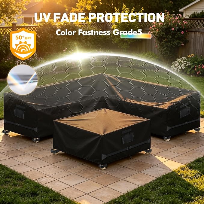Patio V-Shaped Sectional Sofa Cover and Patio Table Cover Waterproof, 2PCS 420D Patio Furniture Covers, Fit 5-Seater Outdoor Sectional Furniture Couch and Tables, Triple Windproof and Anti-UV, Black