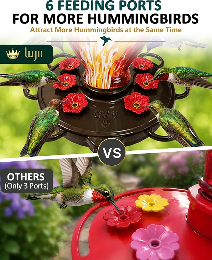 LUJII Smart Hummingbird Feeder with Camera, Hand Blown Glass for Outdoor Hanging, Solar WiFi Feeder with Live View App, 6 Feeding Ports, Leak-Resistant Design, Ant Moat & Gift Box, 28 fl oz, Red