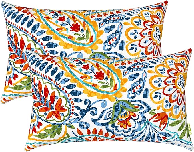 LVTXIII Set of 2 Patio Lumbar Pillows, 12”x20” Fade Resistant Outdoor Lumbar Pillow with Inners, Fluffy Decorative Garden Lumbar Cushions for Home Patio Coach Sofa Use, Paisley Multi