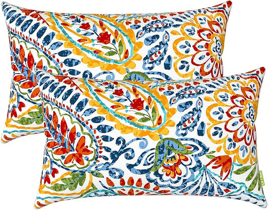 LVTXIII Set of 2 Patio Lumbar Pillows, 12”x20” Fade Resistant Outdoor Lumbar Pillow with Inners, Fluffy Decorative Garden Lumbar Cushions for Home Patio Coach Sofa Use, Paisley Multi